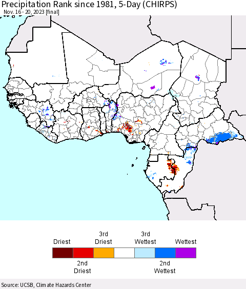 Western Africa Precipitation Rank since 1981, 5-Day (CHIRPS) Thematic Map For 11/16/2023 - 11/20/2023