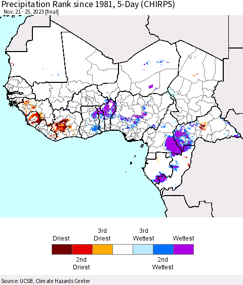 Western Africa Precipitation Rank since 1981, 5-Day (CHIRPS) Thematic Map For 11/21/2023 - 11/25/2023