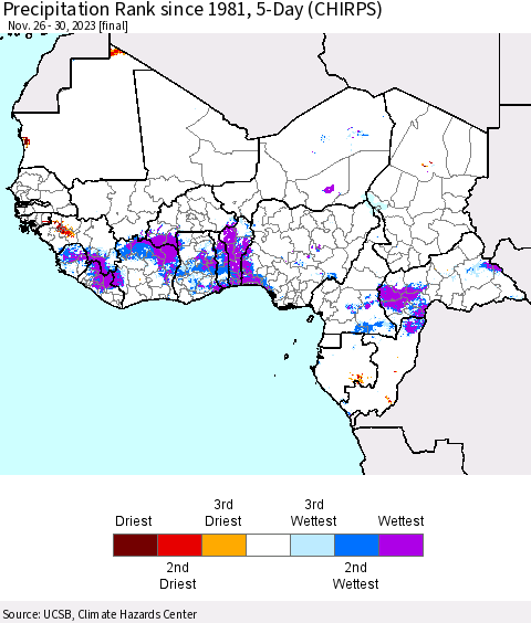 Western Africa Precipitation Rank since 1981, 5-Day (CHIRPS) Thematic Map For 11/26/2023 - 11/30/2023