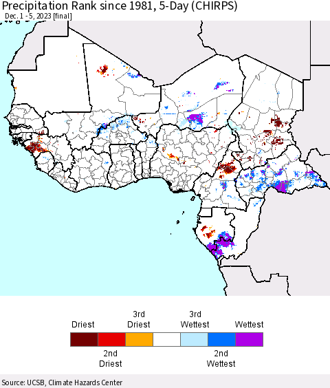Western Africa Precipitation Rank since 1981, 5-Day (CHIRPS) Thematic Map For 12/1/2023 - 12/5/2023