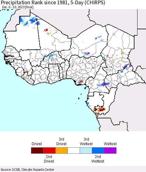 Western Africa Precipitation Rank since 1981, 5-Day (CHIRPS) Thematic Map For 12/6/2023 - 12/10/2023