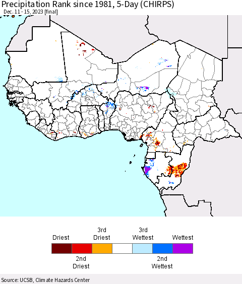 Western Africa Precipitation Rank since 1981, 5-Day (CHIRPS) Thematic Map For 12/11/2023 - 12/15/2023