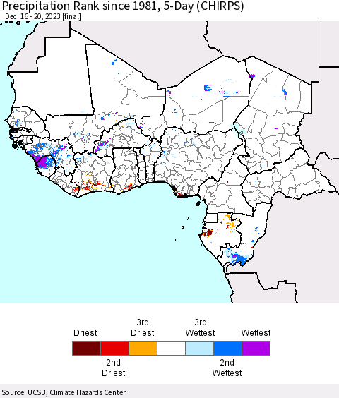 Western Africa Precipitation Rank since 1981, 5-Day (CHIRPS) Thematic Map For 12/16/2023 - 12/20/2023