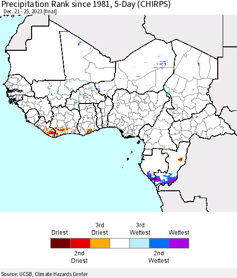 Western Africa Precipitation Rank since 1981, 5-Day (CHIRPS) Thematic Map For 12/21/2023 - 12/25/2023