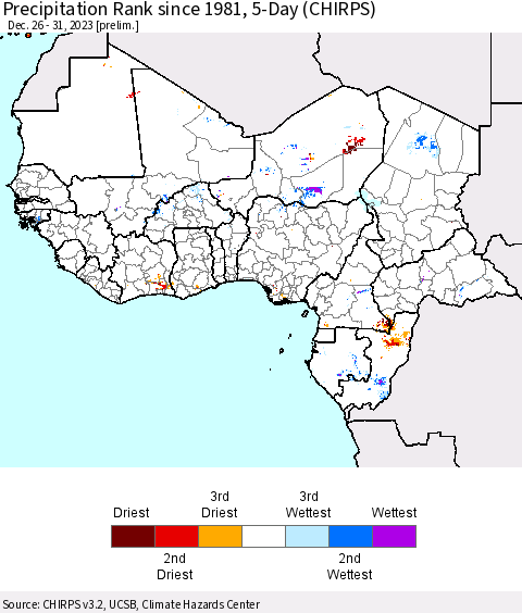 Western Africa Precipitation Rank since 1981, 5-Day (CHIRPS) Thematic Map For 12/26/2023 - 12/31/2023