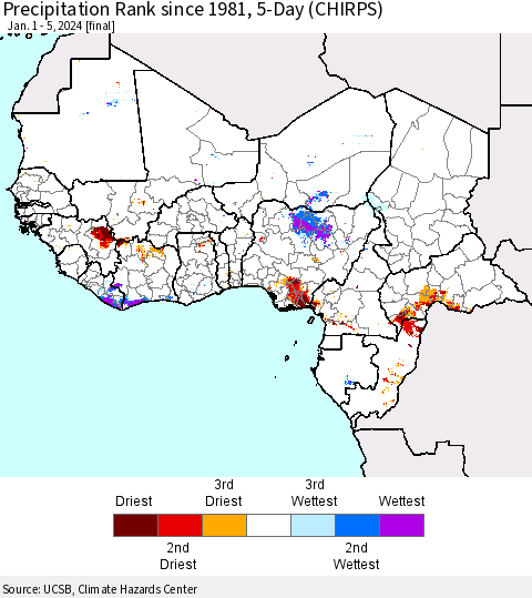 Western Africa Precipitation Rank since 1981, 5-Day (CHIRPS) Thematic Map For 1/1/2024 - 1/5/2024