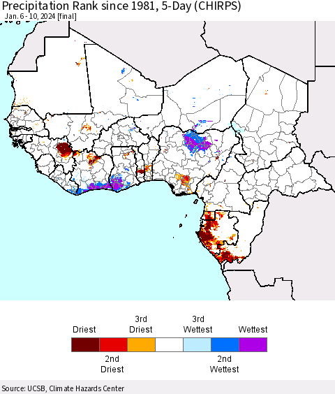 Western Africa Precipitation Rank since 1981, 5-Day (CHIRPS) Thematic Map For 1/6/2024 - 1/10/2024