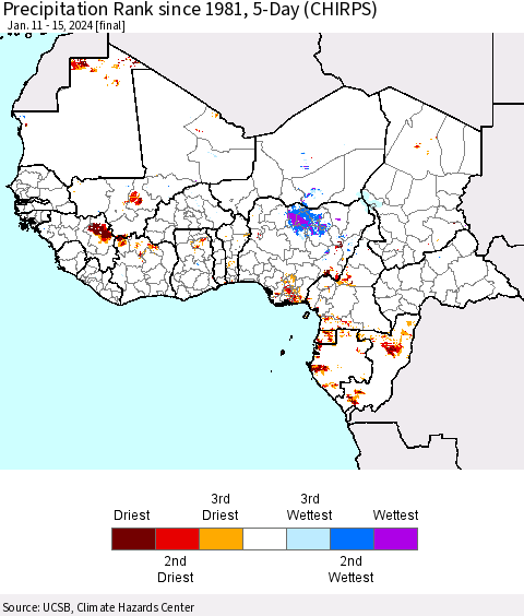 Western Africa Precipitation Rank since 1981, 5-Day (CHIRPS) Thematic Map For 1/11/2024 - 1/15/2024