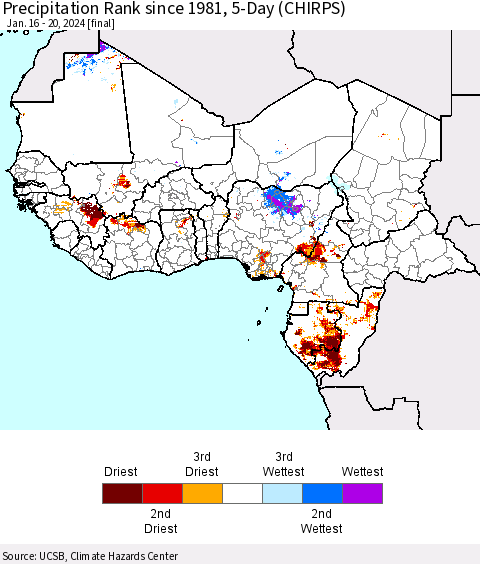 Western Africa Precipitation Rank since 1981, 5-Day (CHIRPS) Thematic Map For 1/16/2024 - 1/20/2024