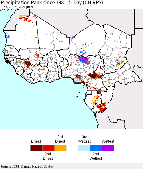 Western Africa Precipitation Rank since 1981, 5-Day (CHIRPS) Thematic Map For 1/21/2024 - 1/25/2024