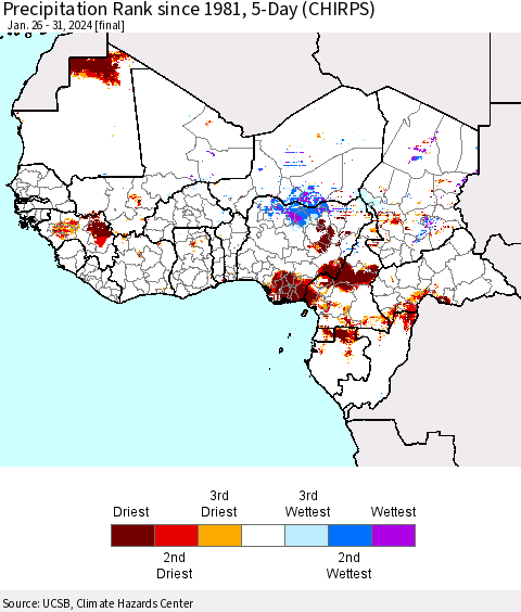 Western Africa Precipitation Rank since 1981, 5-Day (CHIRPS) Thematic Map For 1/26/2024 - 1/31/2024