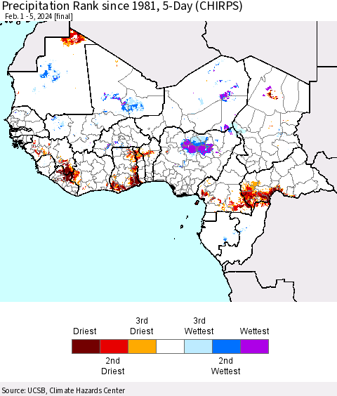 Western Africa Precipitation Rank since 1981, 5-Day (CHIRPS) Thematic Map For 2/1/2024 - 2/5/2024