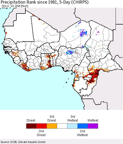 Western Africa Precipitation Rank since 1981, 5-Day (CHIRPS) Thematic Map For 2/6/2024 - 2/10/2024