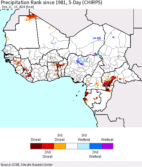 Western Africa Precipitation Rank since 1981, 5-Day (CHIRPS) Thematic Map For 2/11/2024 - 2/15/2024