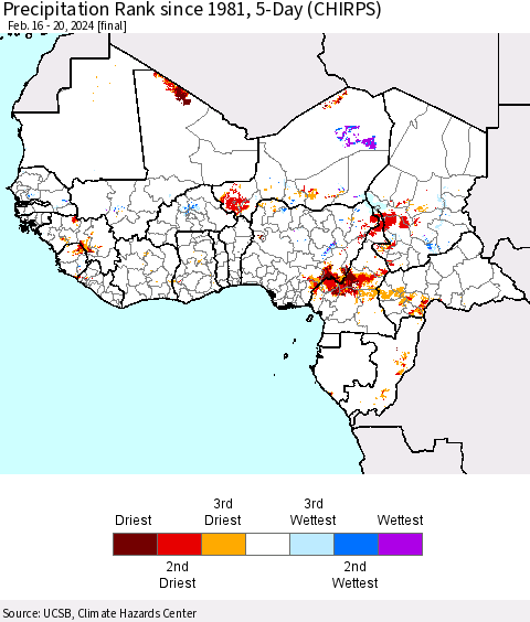 Western Africa Precipitation Rank since 1981, 5-Day (CHIRPS) Thematic Map For 2/16/2024 - 2/20/2024