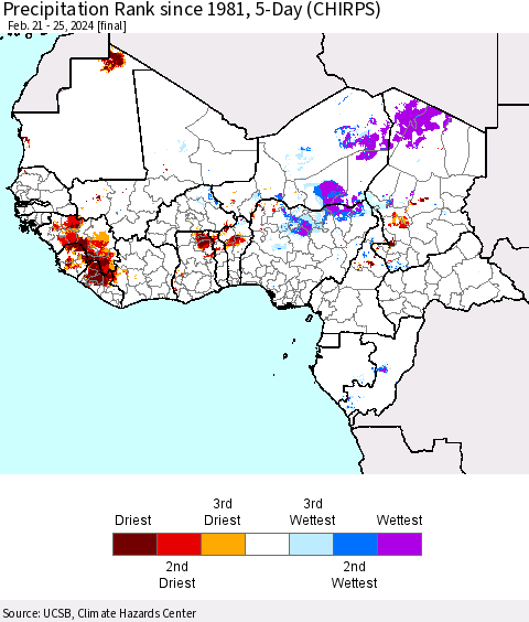 Western Africa Precipitation Rank since 1981, 5-Day (CHIRPS) Thematic Map For 2/21/2024 - 2/25/2024