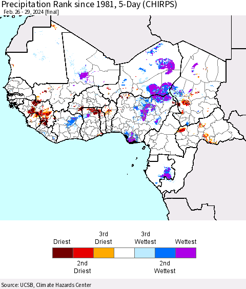 Western Africa Precipitation Rank since 1981, 5-Day (CHIRPS) Thematic Map For 2/26/2024 - 2/29/2024