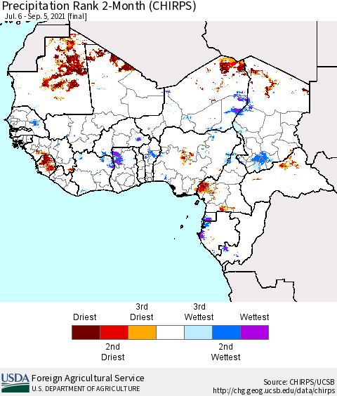 Western Africa Precipitation Rank since 1981, 2-Month (CHIRPS) Thematic Map For 7/6/2021 - 9/5/2021