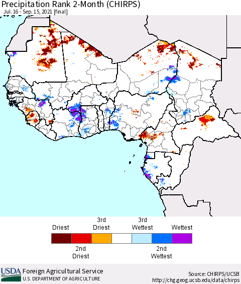 Western Africa Precipitation Rank since 1981, 2-Month (CHIRPS) Thematic Map For 7/16/2021 - 9/15/2021