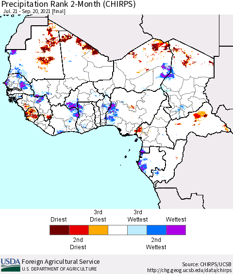 Western Africa Precipitation Rank since 1981, 2-Month (CHIRPS) Thematic Map For 7/21/2021 - 9/20/2021