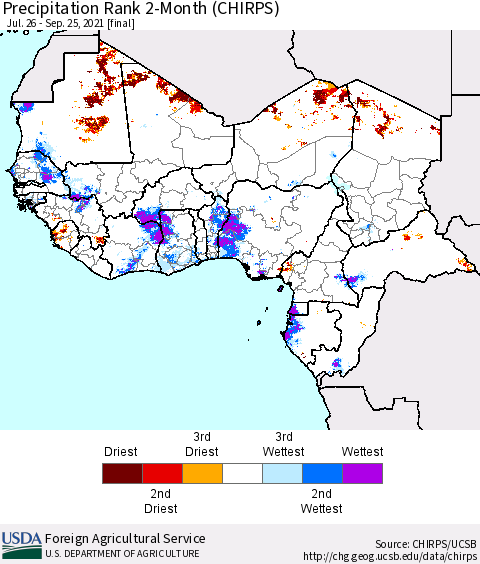 Western Africa Precipitation Rank since 1981, 2-Month (CHIRPS) Thematic Map For 7/26/2021 - 9/25/2021
