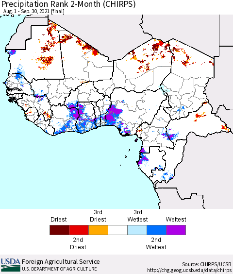 Western Africa Precipitation Rank since 1981, 2-Month (CHIRPS) Thematic Map For 8/1/2021 - 9/30/2021