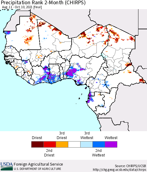 Western Africa Precipitation Rank since 1981, 2-Month (CHIRPS) Thematic Map For 8/11/2021 - 10/10/2021