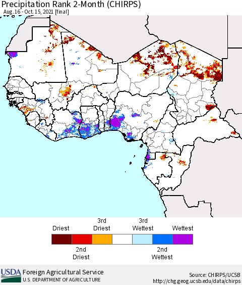 Western Africa Precipitation Rank since 1981, 2-Month (CHIRPS) Thematic Map For 8/16/2021 - 10/15/2021