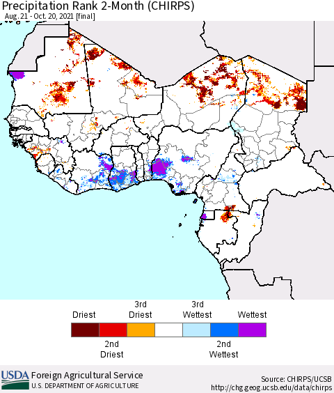 Western Africa Precipitation Rank since 1981, 2-Month (CHIRPS) Thematic Map For 8/21/2021 - 10/20/2021
