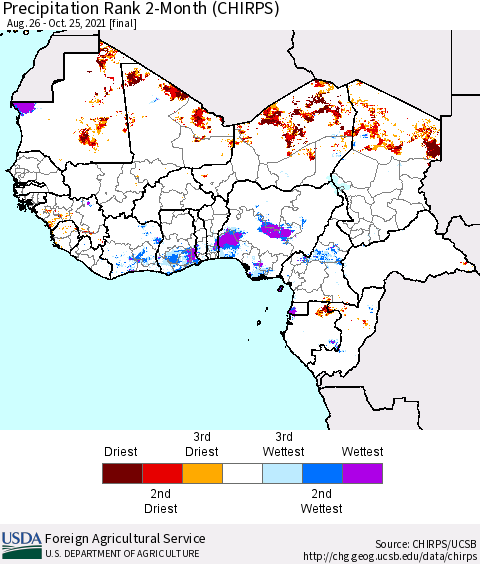 Western Africa Precipitation Rank since 1981, 2-Month (CHIRPS) Thematic Map For 8/26/2021 - 10/25/2021