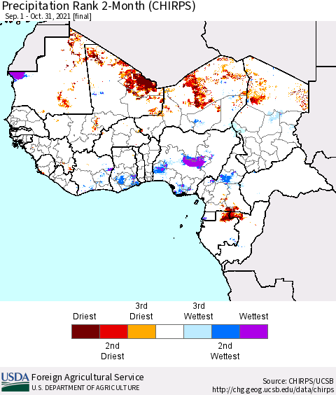 Western Africa Precipitation Rank since 1981, 2-Month (CHIRPS) Thematic Map For 9/1/2021 - 10/31/2021