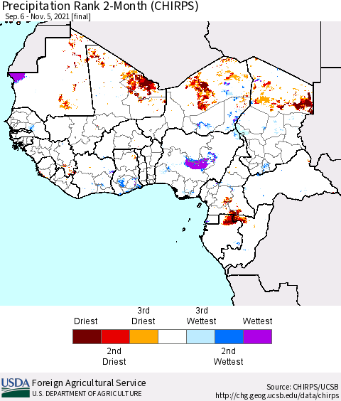 Western Africa Precipitation Rank since 1981, 2-Month (CHIRPS) Thematic Map For 9/6/2021 - 11/5/2021