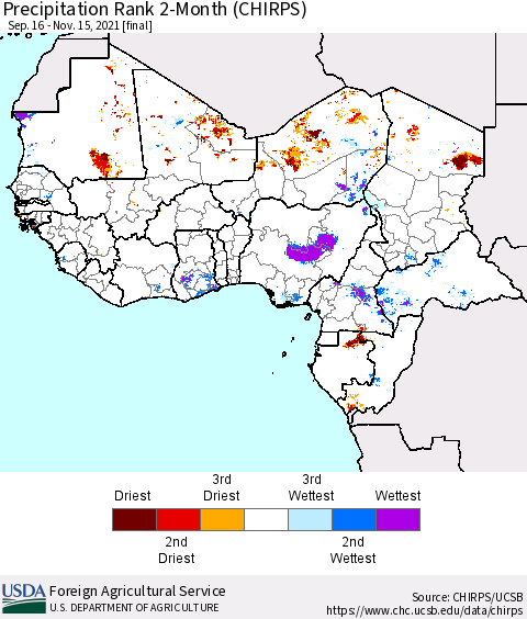 Western Africa Precipitation Rank since 1981, 2-Month (CHIRPS) Thematic Map For 9/16/2021 - 11/15/2021