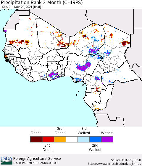 Western Africa Precipitation Rank since 1981, 2-Month (CHIRPS) Thematic Map For 9/21/2021 - 11/20/2021