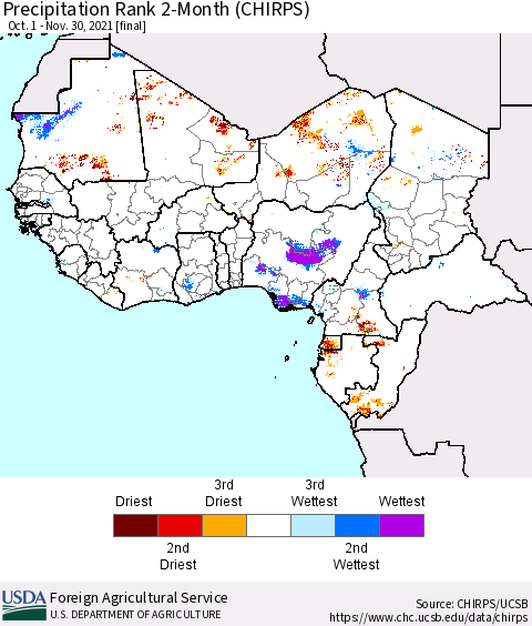 Western Africa Precipitation Rank since 1981, 2-Month (CHIRPS) Thematic Map For 10/1/2021 - 11/30/2021