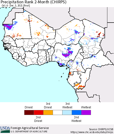 Western Africa Precipitation Rank since 1981, 2-Month (CHIRPS) Thematic Map For 10/6/2021 - 12/5/2021