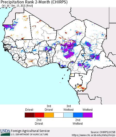 Western Africa Precipitation Rank since 1981, 2-Month (CHIRPS) Thematic Map For 10/16/2021 - 12/15/2021