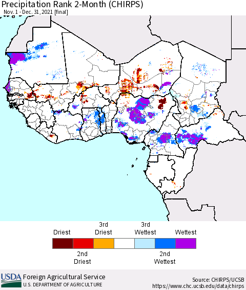 Western Africa Precipitation Rank since 1981, 2-Month (CHIRPS) Thematic Map For 11/1/2021 - 12/31/2021