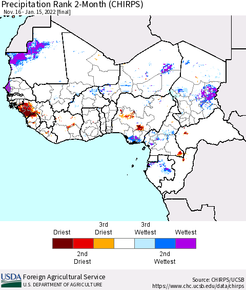 Western Africa Precipitation Rank since 1981, 2-Month (CHIRPS) Thematic Map For 11/16/2021 - 1/15/2022