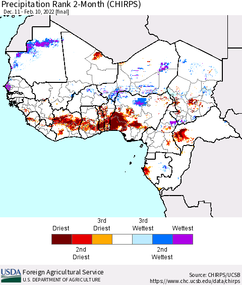Western Africa Precipitation Rank since 1981, 2-Month (CHIRPS) Thematic Map For 12/11/2021 - 2/10/2022