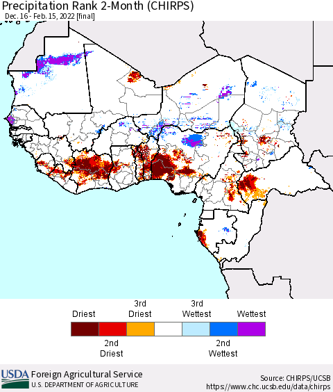 Western Africa Precipitation Rank since 1981, 2-Month (CHIRPS) Thematic Map For 12/16/2021 - 2/15/2022