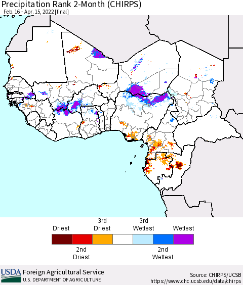 Western Africa Precipitation Rank since 1981, 2-Month (CHIRPS) Thematic Map For 2/16/2022 - 4/15/2022