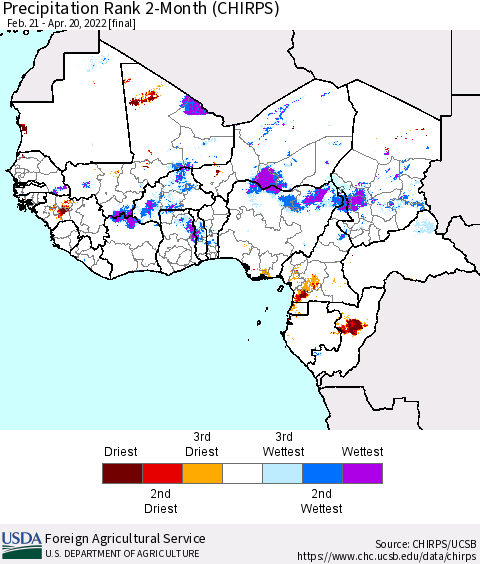 Western Africa Precipitation Rank since 1981, 2-Month (CHIRPS) Thematic Map For 2/21/2022 - 4/20/2022