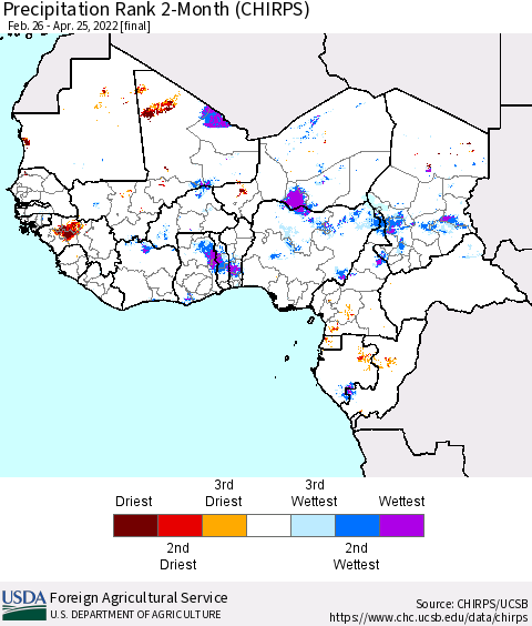 Western Africa Precipitation Rank since 1981, 2-Month (CHIRPS) Thematic Map For 2/26/2022 - 4/25/2022