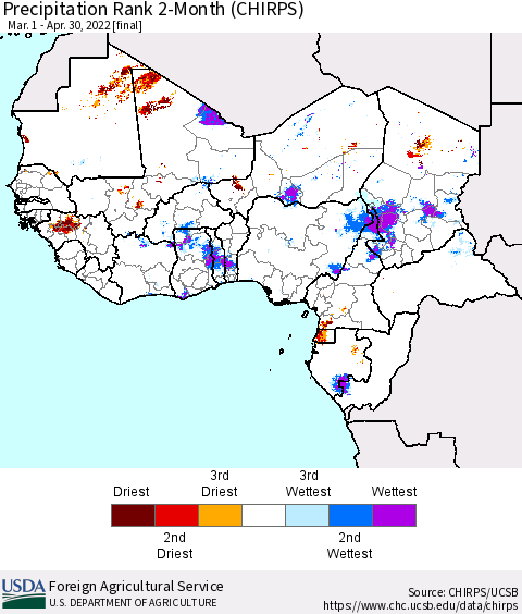 Western Africa Precipitation Rank since 1981, 2-Month (CHIRPS) Thematic Map For 3/1/2022 - 4/30/2022