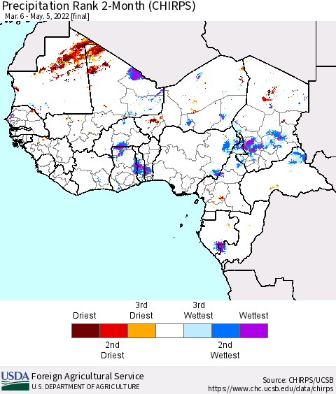 Western Africa Precipitation Rank since 1981, 2-Month (CHIRPS) Thematic Map For 3/6/2022 - 5/5/2022