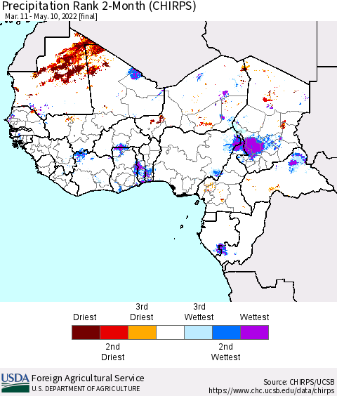 Western Africa Precipitation Rank since 1981, 2-Month (CHIRPS) Thematic Map For 3/11/2022 - 5/10/2022