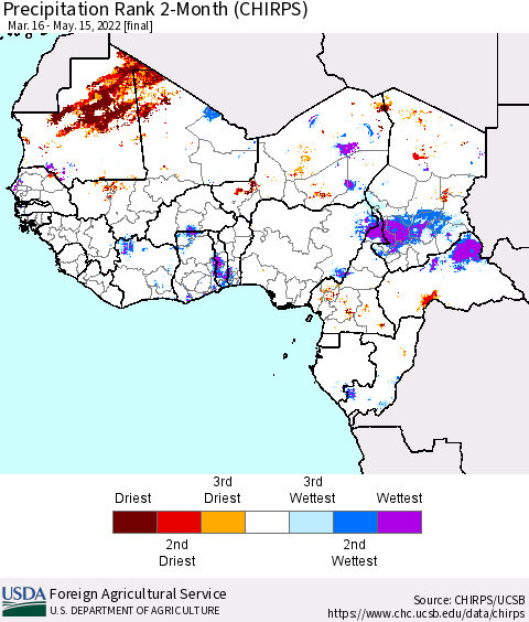 Western Africa Precipitation Rank since 1981, 2-Month (CHIRPS) Thematic Map For 3/16/2022 - 5/15/2022