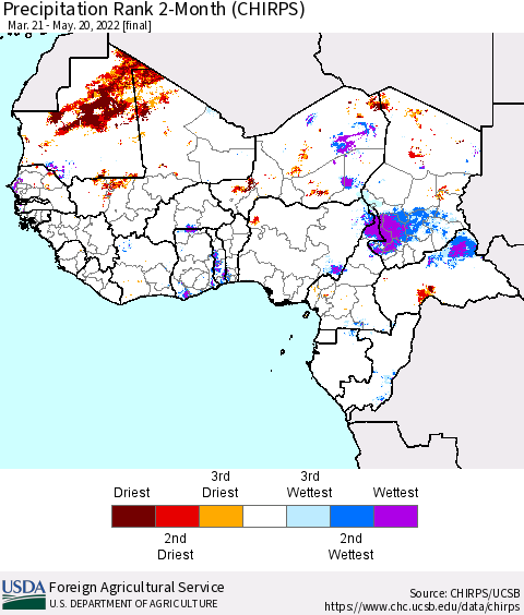 Western Africa Precipitation Rank since 1981, 2-Month (CHIRPS) Thematic Map For 3/21/2022 - 5/20/2022