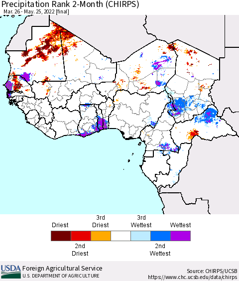 Western Africa Precipitation Rank since 1981, 2-Month (CHIRPS) Thematic Map For 3/26/2022 - 5/25/2022